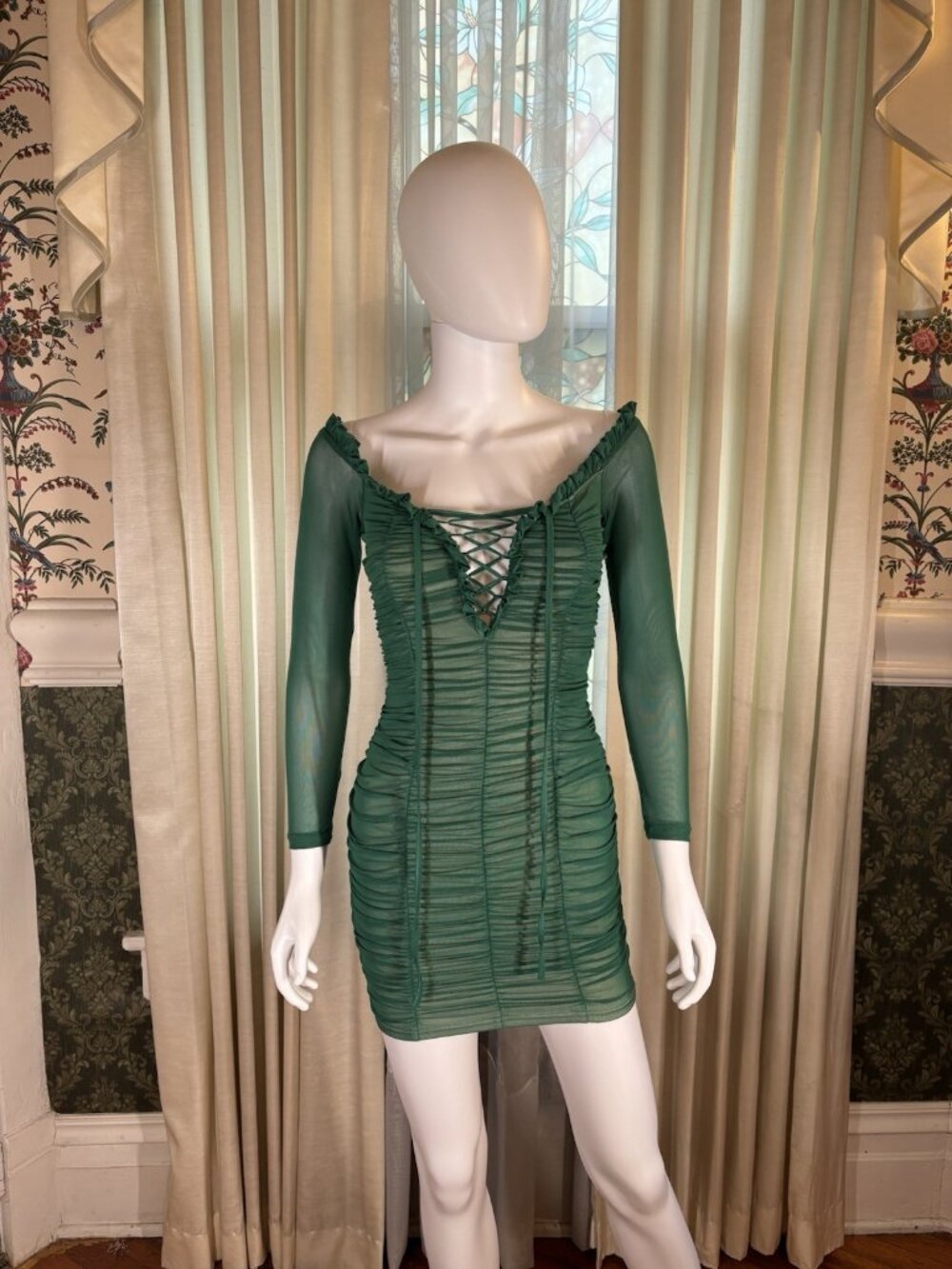 Green Lace Up Off Shoulder Stretch Bodycon Mini Dress Small Y2K 90s Bombshell
